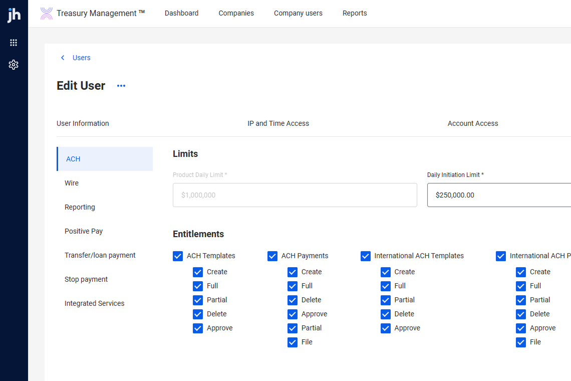 Screenshot of a screen in the newly designed Treasury Management Back Office.